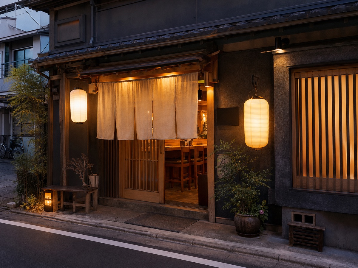 夕暮れに暖簾と提灯が灯る炉端居酒屋の外観