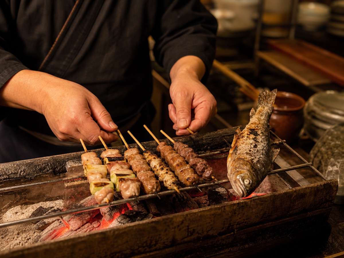 炭火で旬の食材を焼き上げる炉端の手元