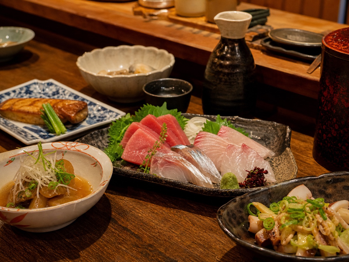 刺身と季節の小皿料理を並べた食卓