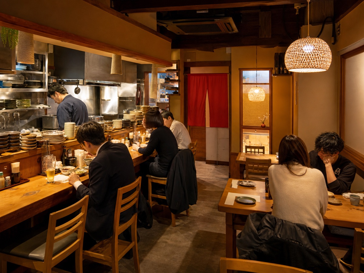 焼き場を望む温かな木のカウンター席